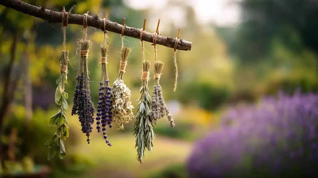 Herb-Drying Bundles on Branch Hangers