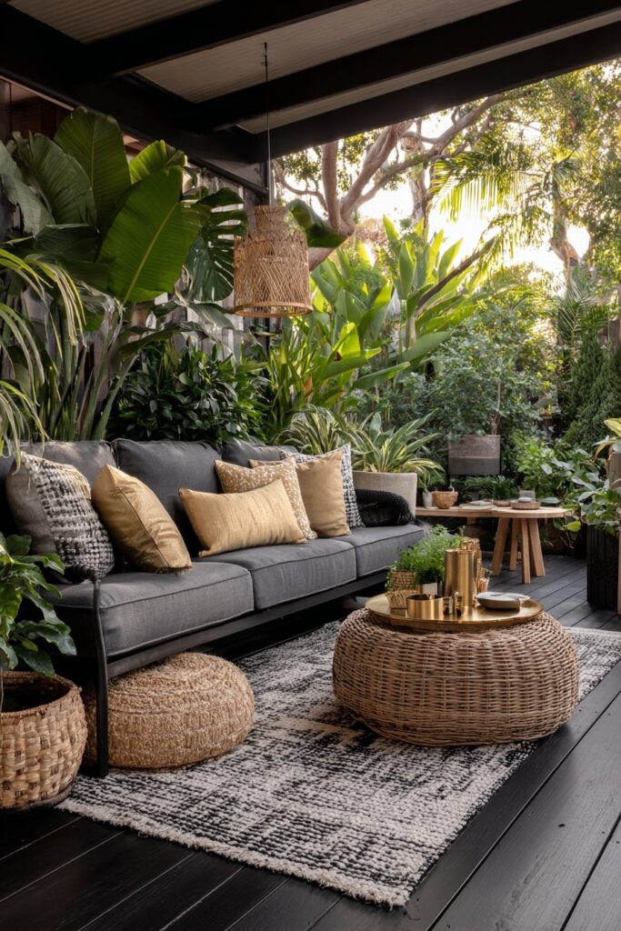 12. Jungle-Inspired Patio with Rich Black Decking