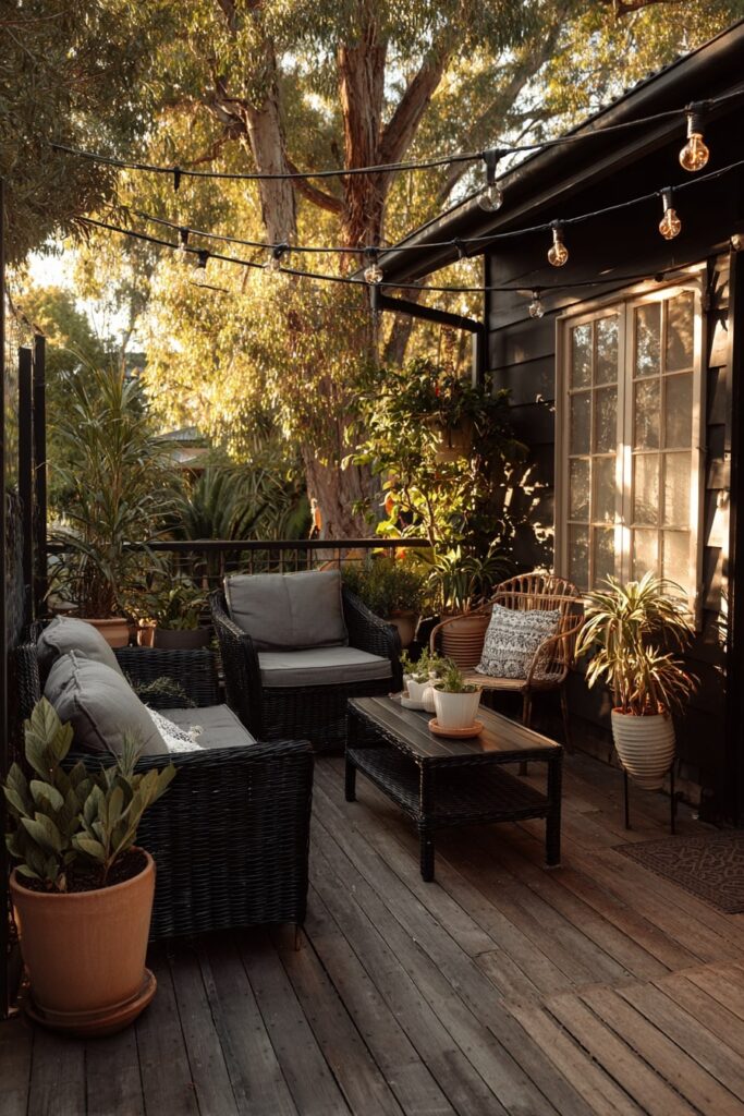 10. Cozy Deck Nook with String Lights and Black Tones