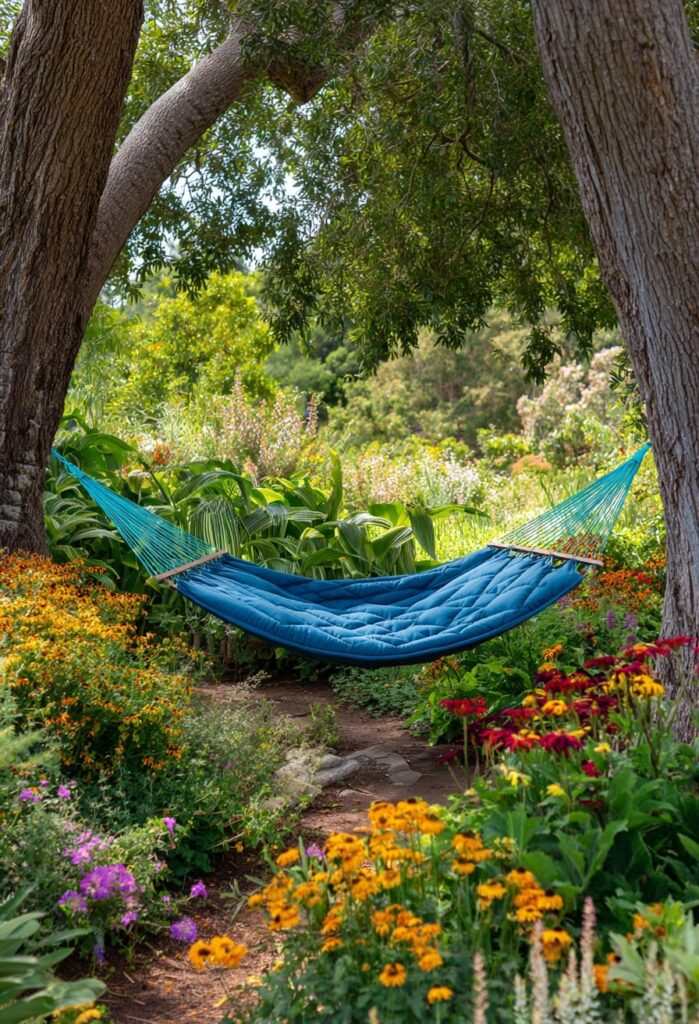 12. Quilted Blue Hammock Between Trees