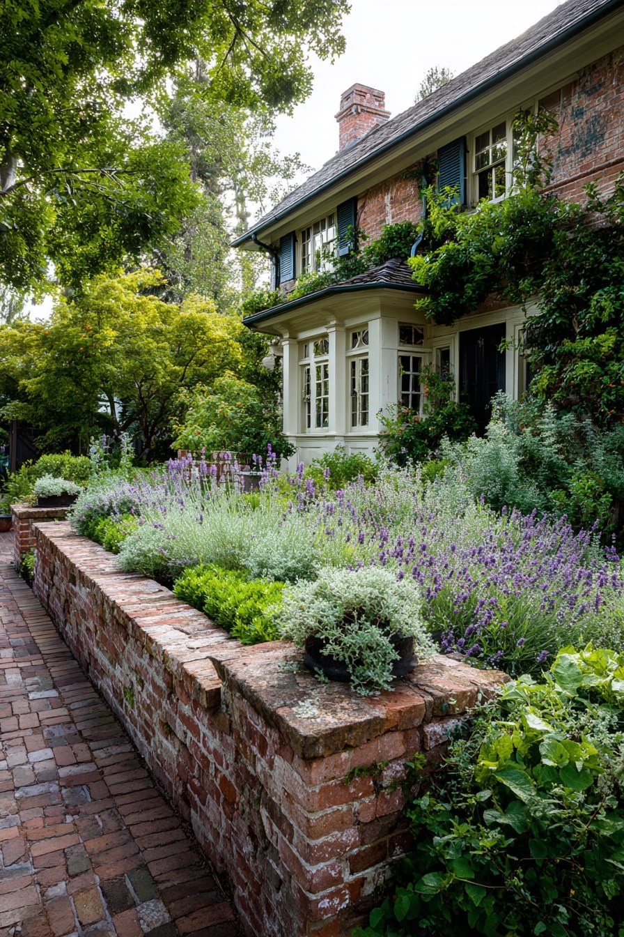 13) Rustic Brick Edging with Lavender Blooms