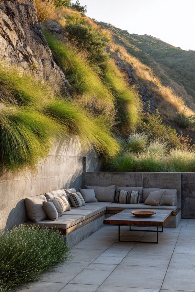 Hillside Garden Lounge with Built-In Concrete Bench