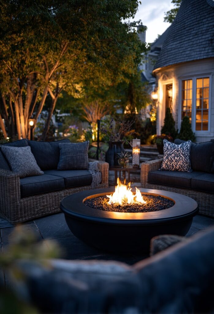7. Woven Sofas Around a Modern Fire Pit