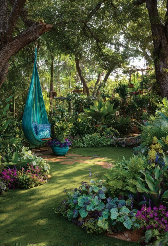 Tree-Hanging Hammock Chair in a Tropical Garden
