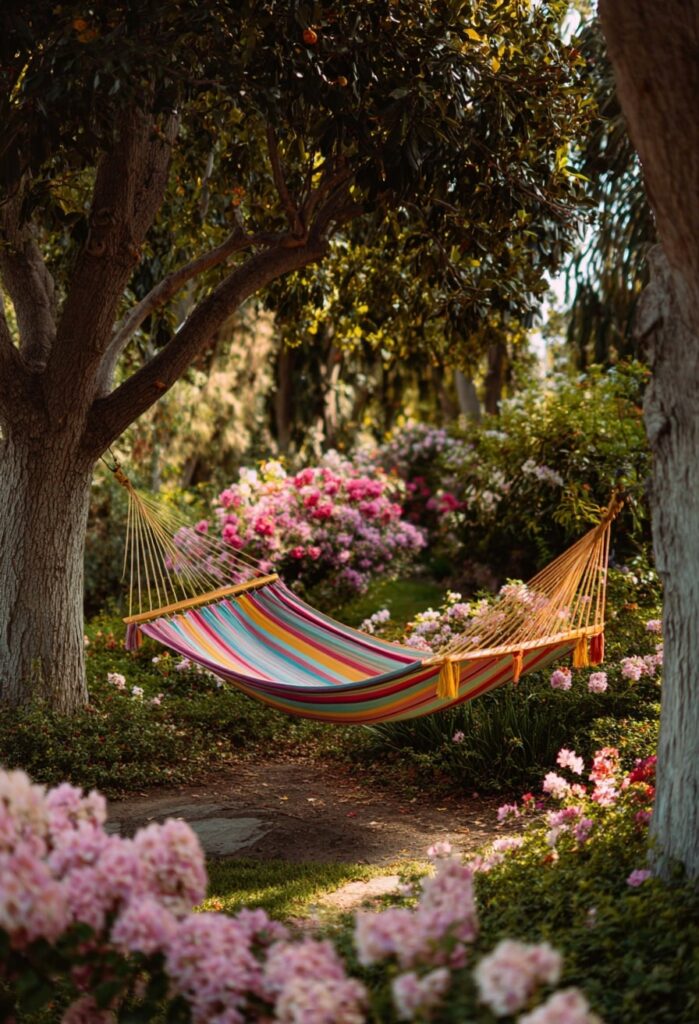 11. Candy Stripe Hammock in Bloom-Filled Garden