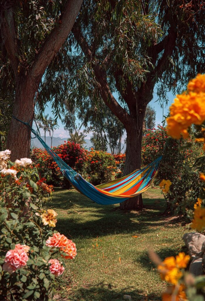 Vibrant Striped Hammock in a Flower Garden