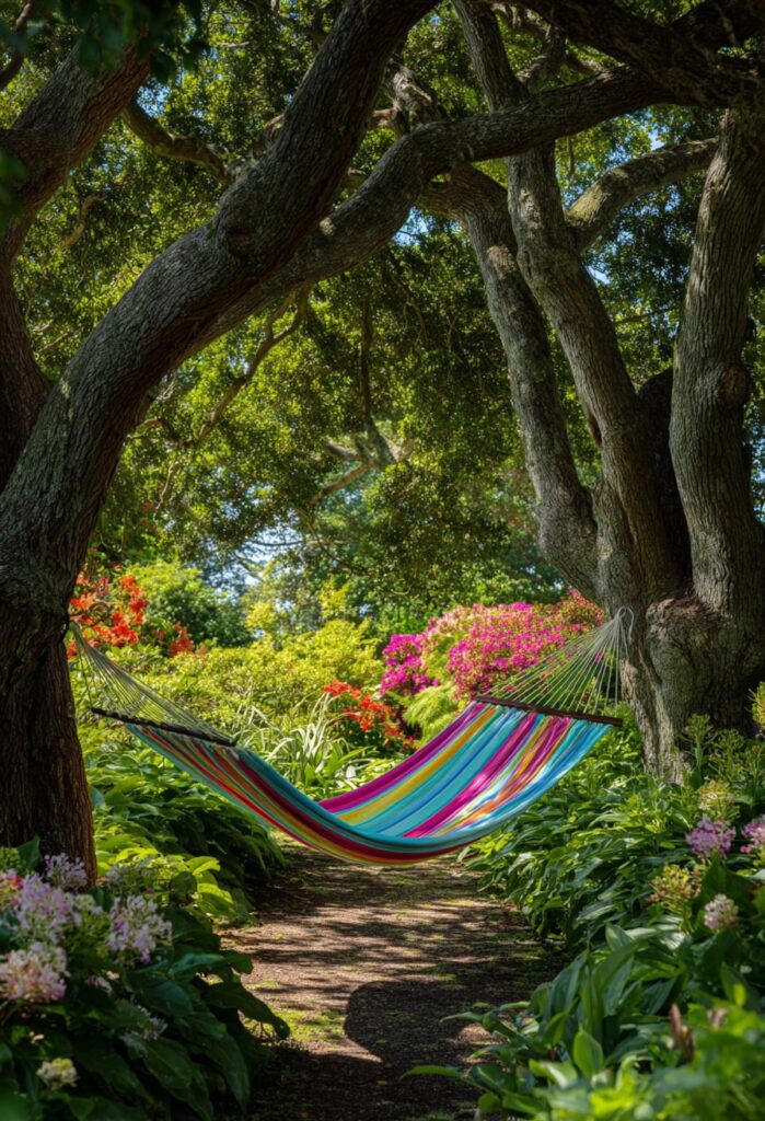 14. Rainbow Hammock Beneath Twisting Tree Canopy