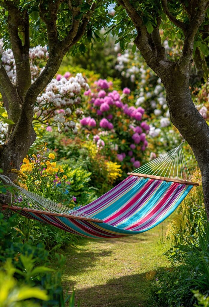 7. Tropical Stripe Hammock Between Flowering Trees