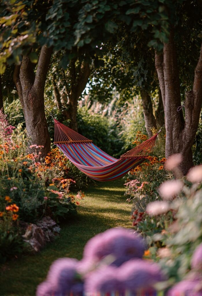 8. Sunset Stripe Hammock in Tree-Lined Garden