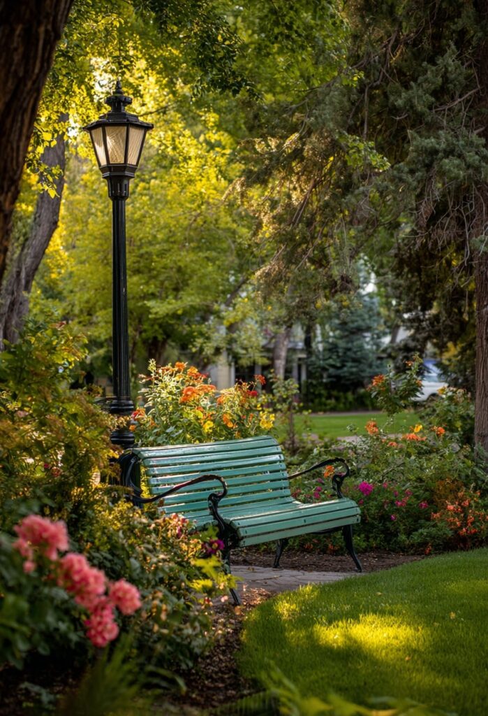 13. Slatted Metal Bench Beneath a Garden Lamp