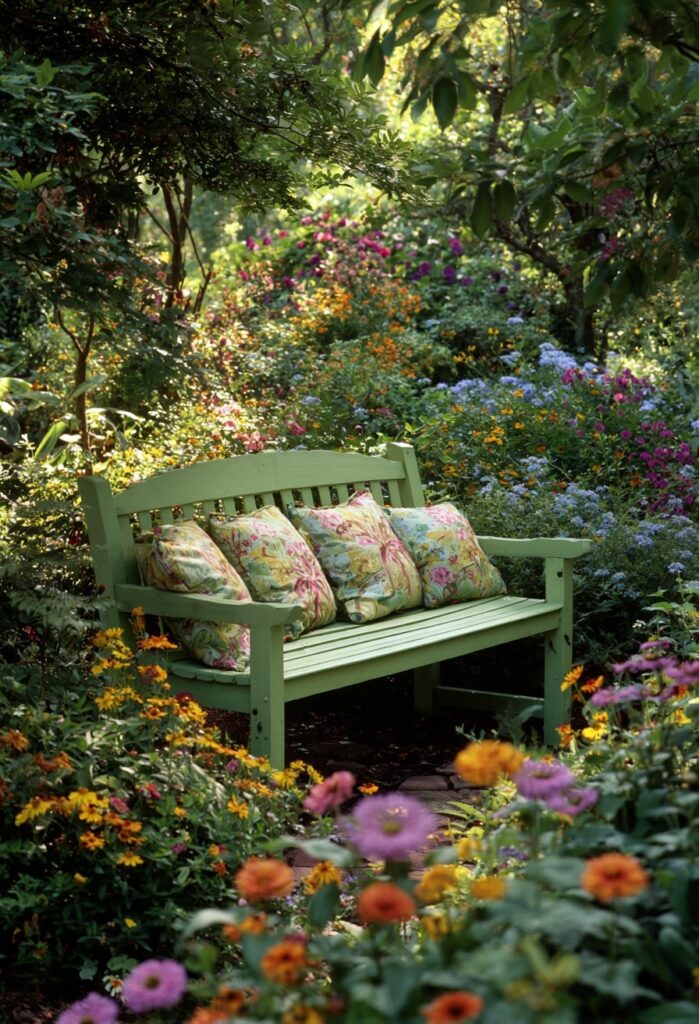 Painted Bench in a Blooming Hideaway