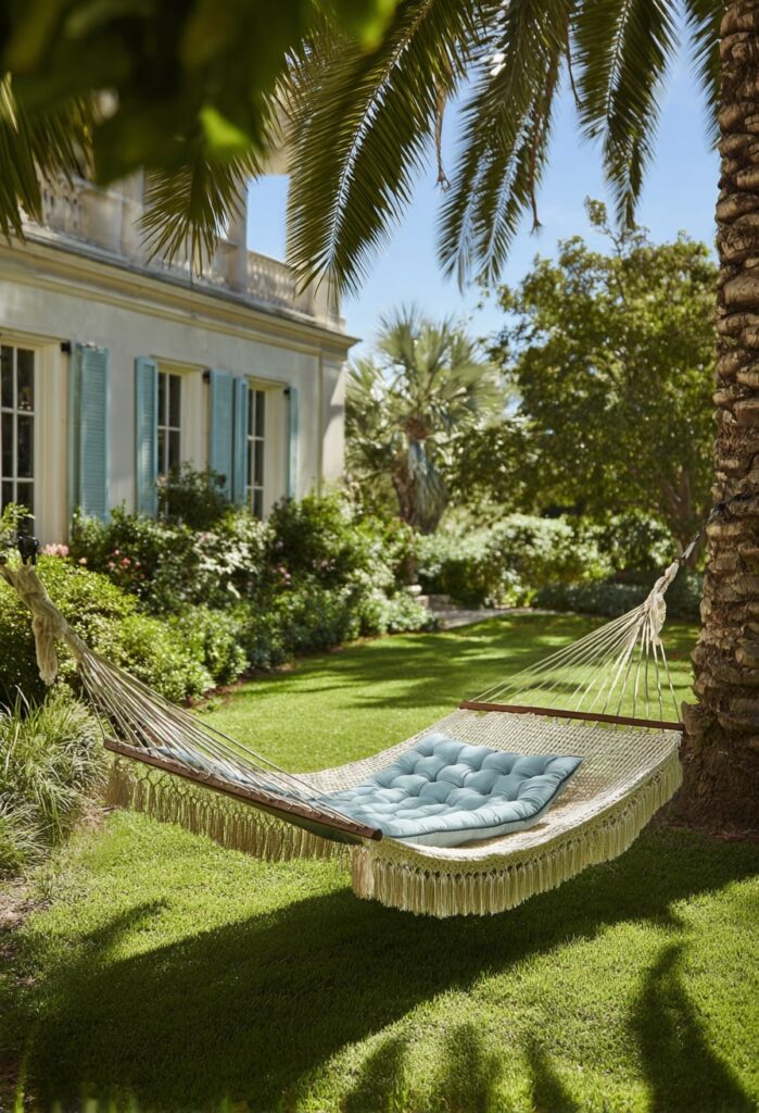 9. Woven Fringe Hammock Under Palm Trees