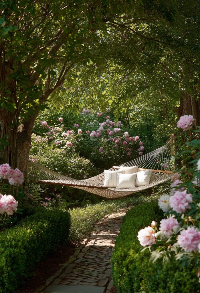 10. Neutral Rope Hammock in a Peony Garden