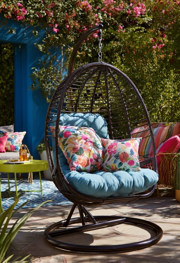 Hanging Egg Chair with Floral Cushions