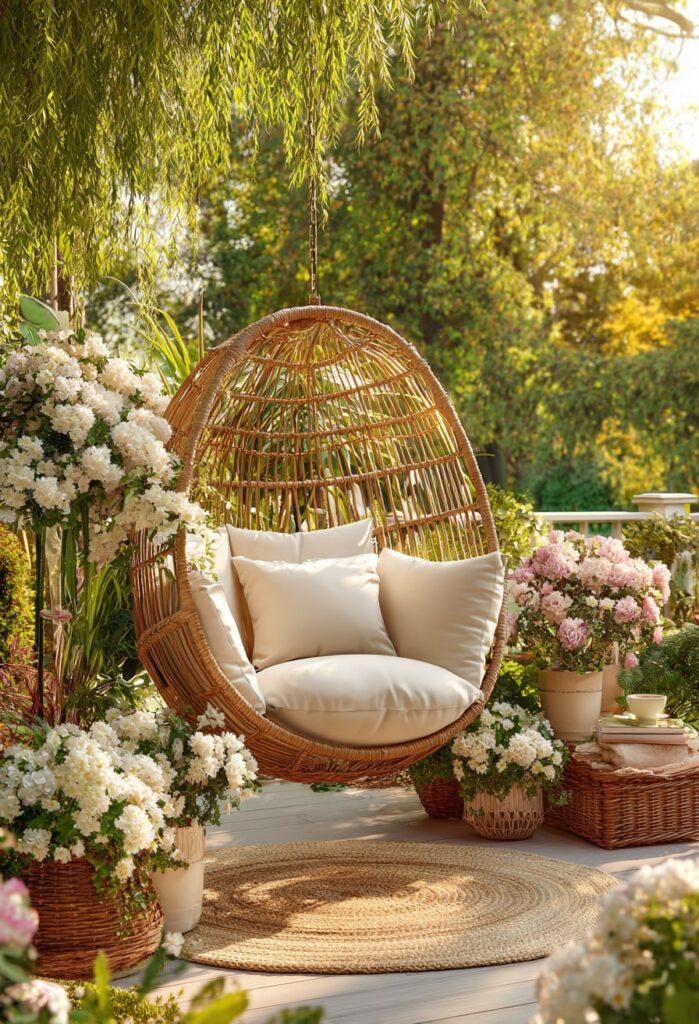 16. Hanging Egg Chair with White Cushions