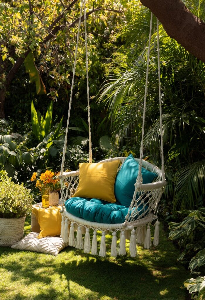 1. Hanging Macrame Swing with Colorful Cushions