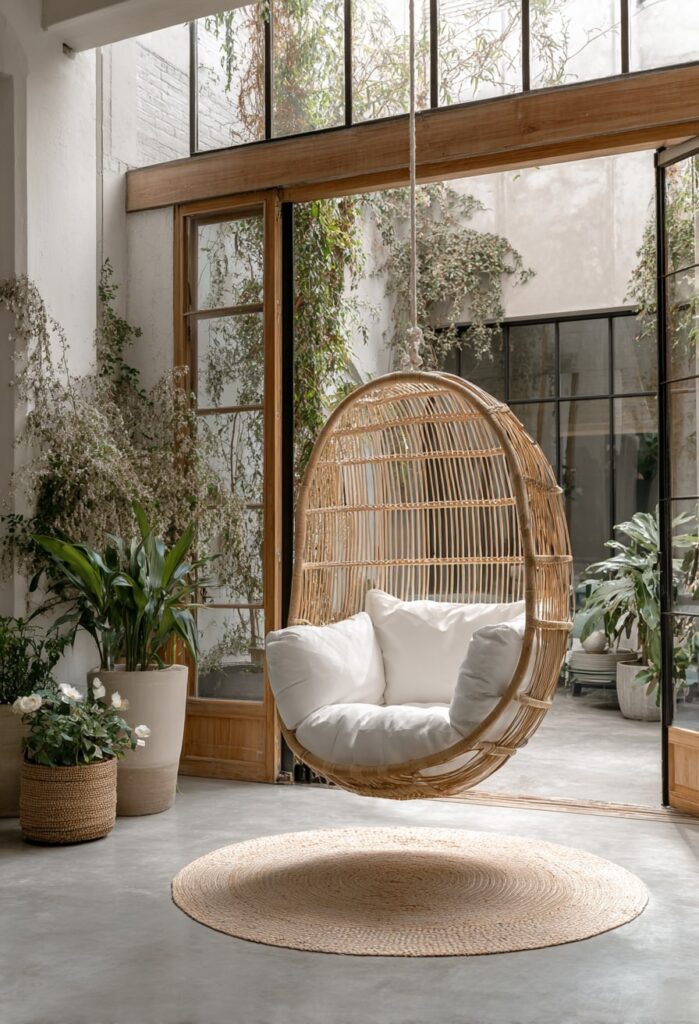 10. Hanging Rattan Chair for Japandi-Inspired Calm