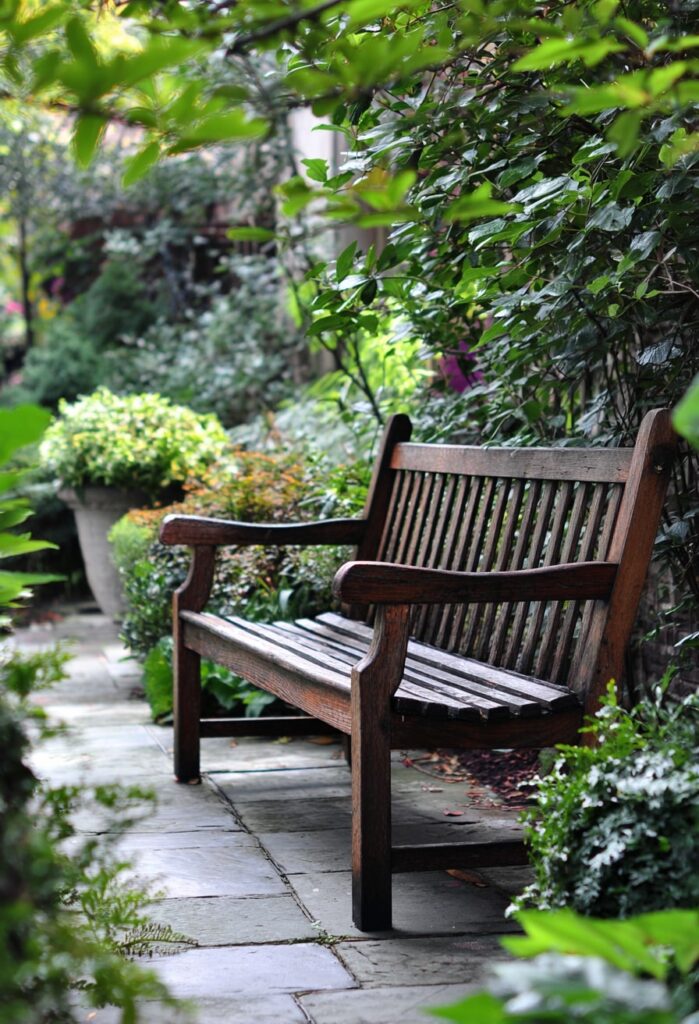 4. Traditional Wooden Bench Along the Garden Path
