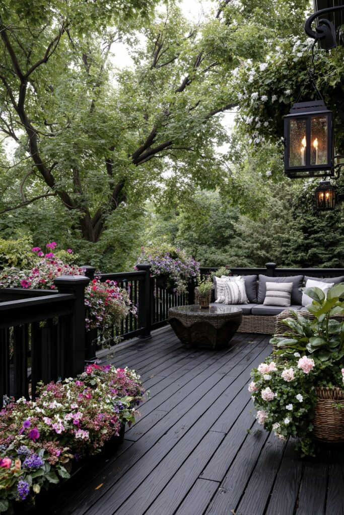 19. Garden-Style Deck with Flower-Filled Railings