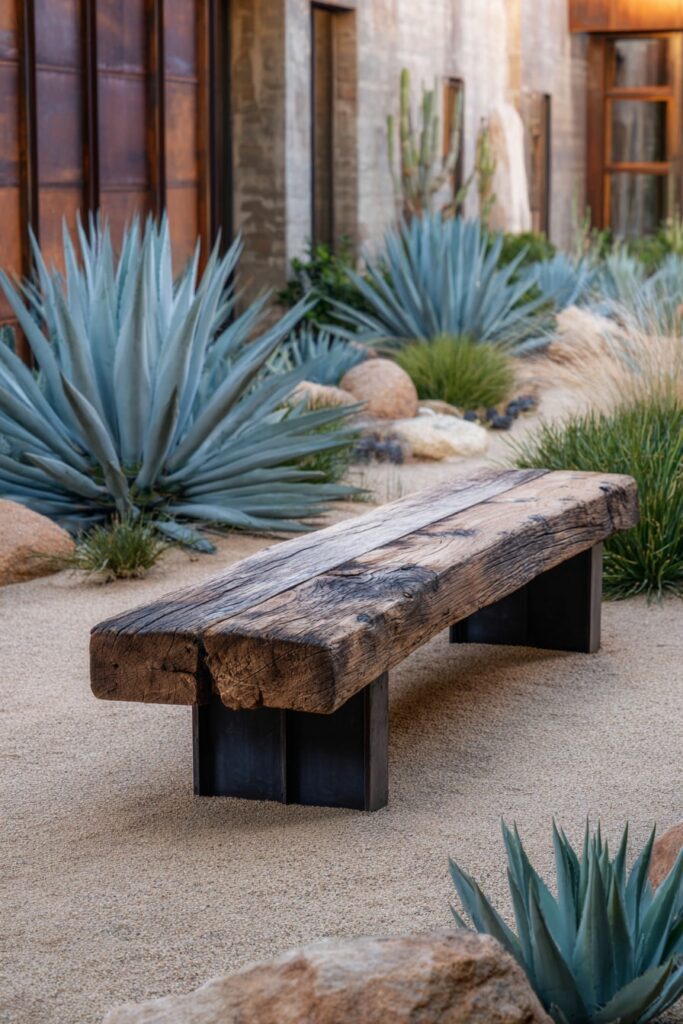 Rustic Desert Garden with a Weathered Wood Bench