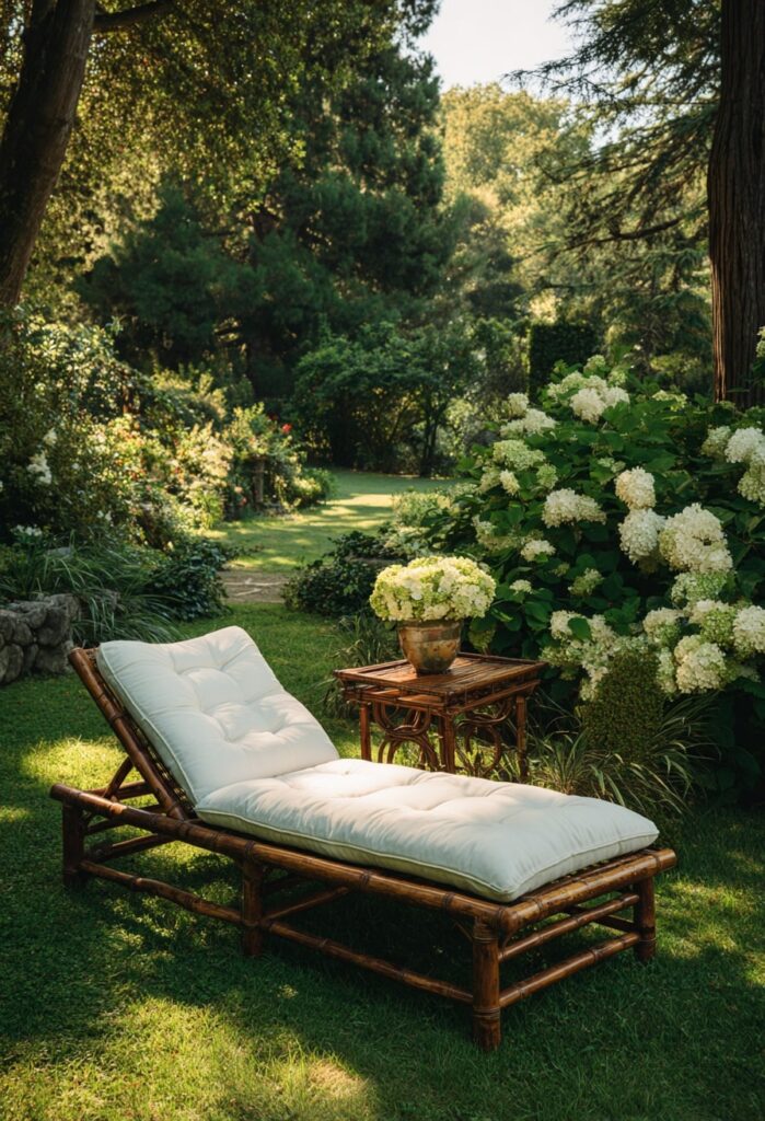 15. Wooden Chaise Lounge Beside the Hydrangeas