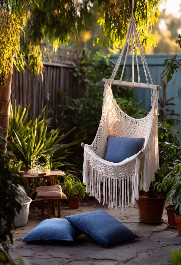 14. Macrame Hammock Chair in a Cozy Garden Corner
