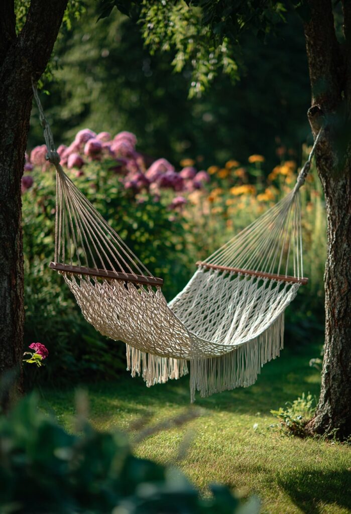 13. Macrame Hammock in Flower-Filled Garden