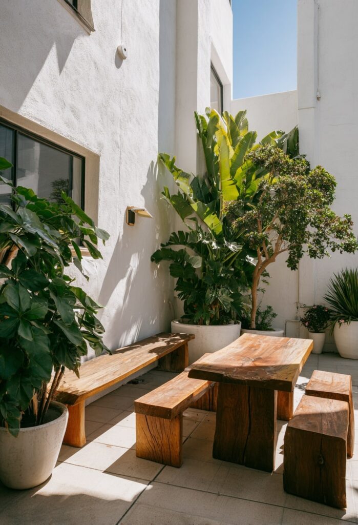 21. Japandi Courtyard Dining with Solid Wood Seating