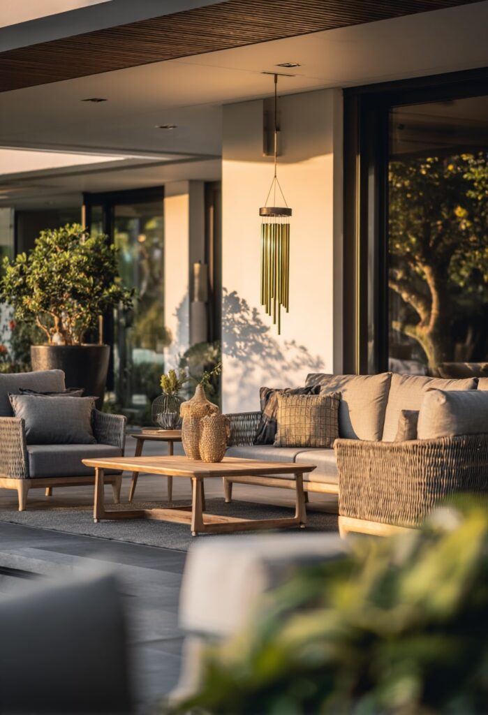 19. Sunset Japandi Lounge with Wind Chime Accent