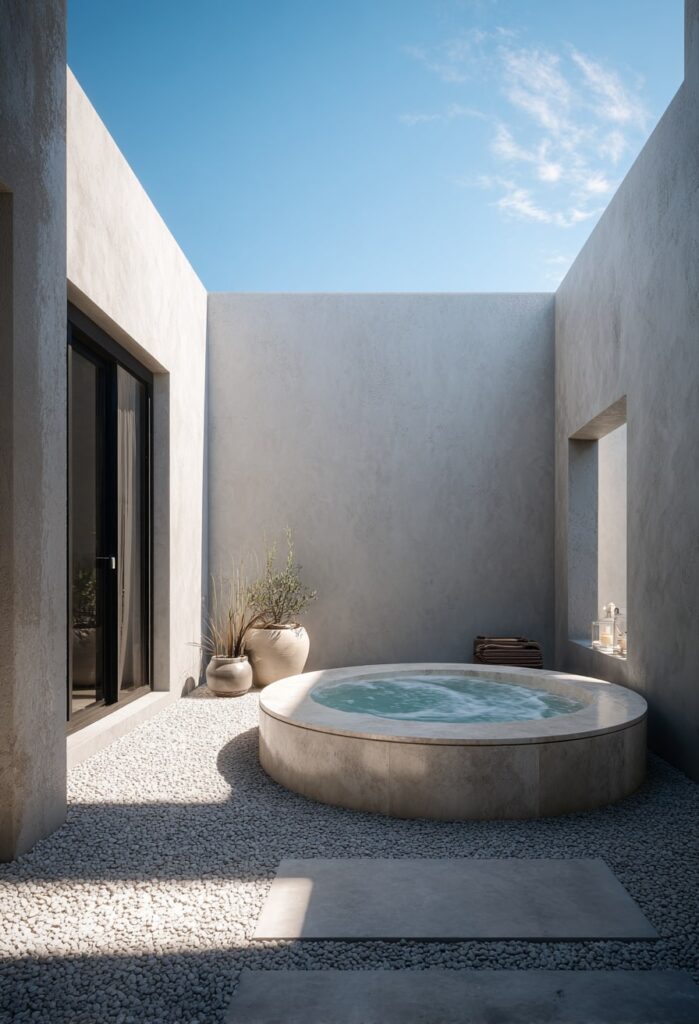 22. Minimal Outdoor Soaking Tub in a Japandi Courtyard