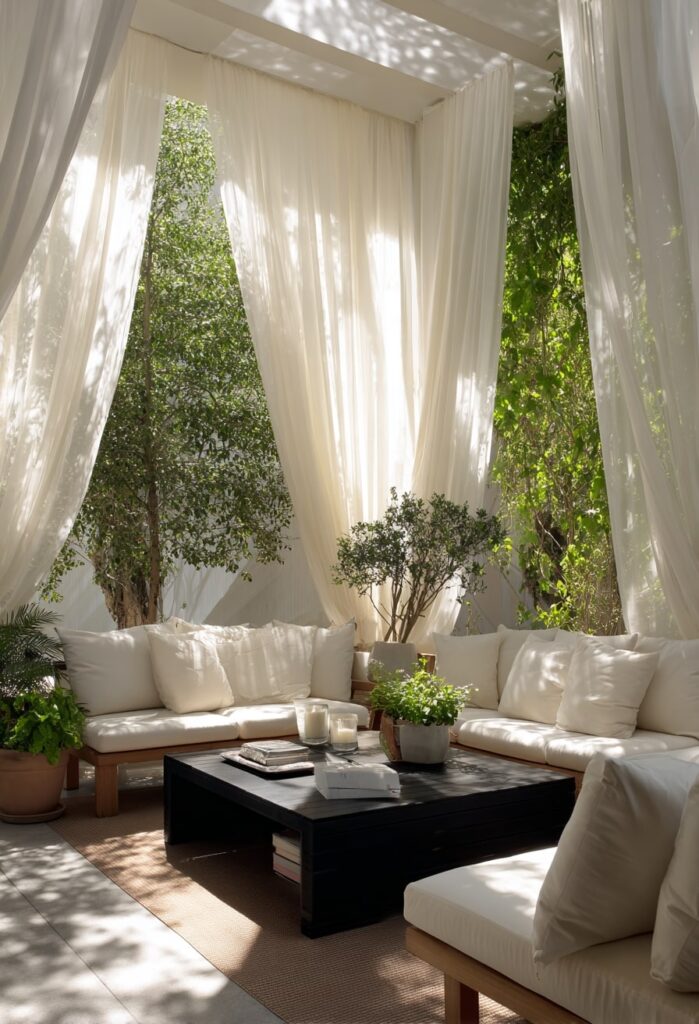 14. Japandi Lounge with Flowing Sheer Drapes