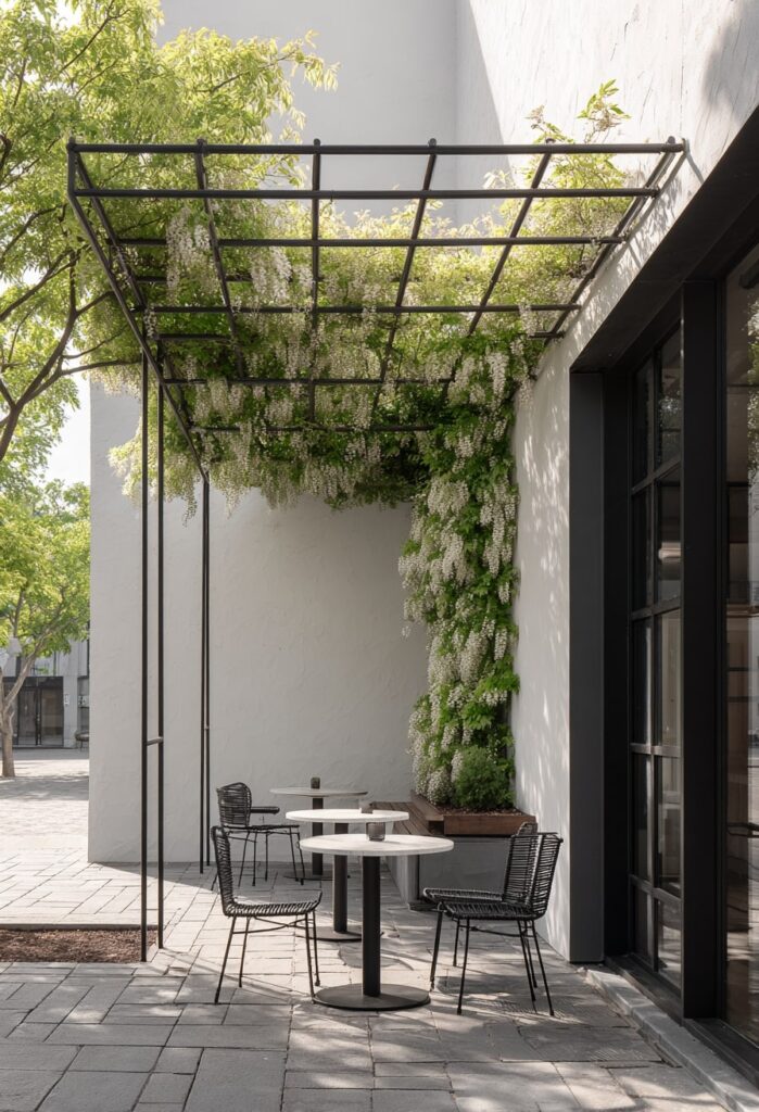 6. Japandi Bistro Corner with Wisteria Canopy