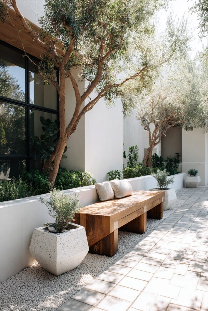 Modern Garden Bench Under Olive Trees