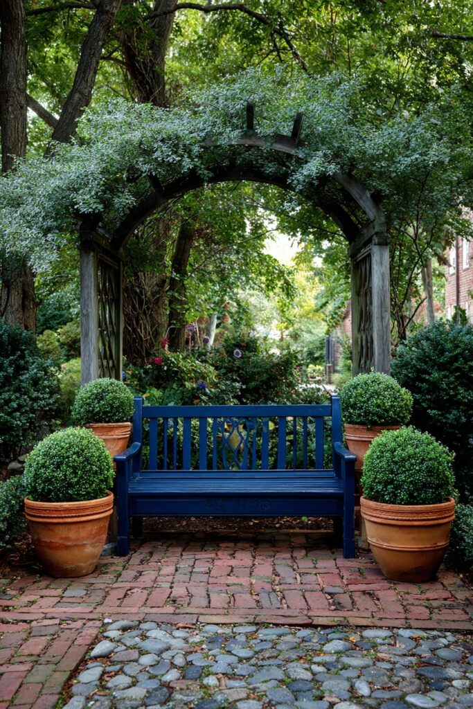Elegant Garden Nook with a Bold Blue Bench