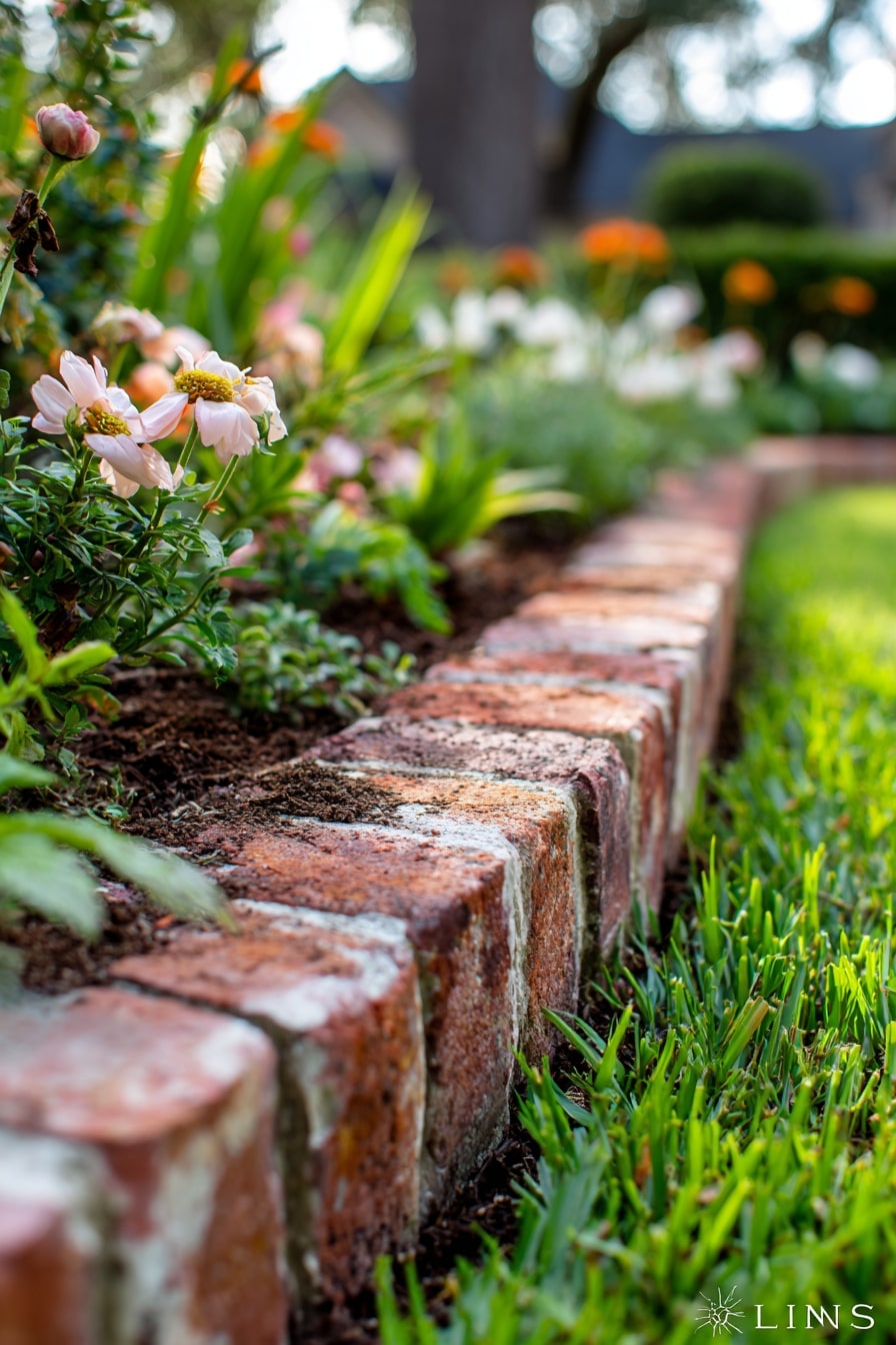 3) Curved Brick Edging with Colorful Petunias