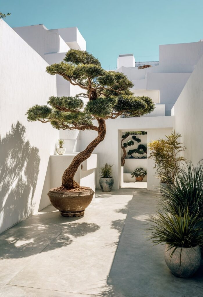 15. Minimal Courtyard with Sculptural Bonsai Focus