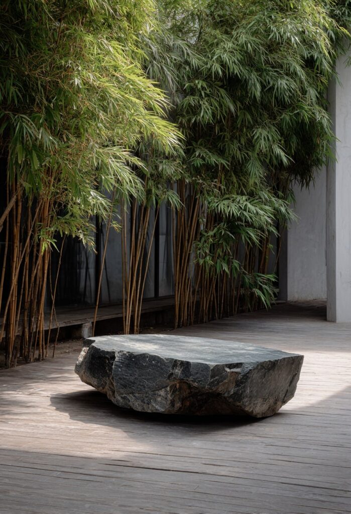 16. Japandi Patio with Raw Stone Table and Bamboo Backdrop
