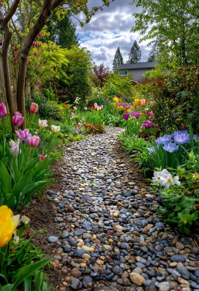 Tulip-Lined Pebble Pathway