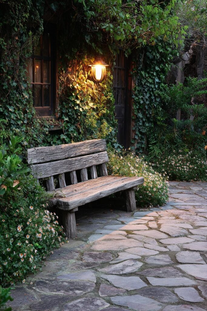 Storybook Garden Corner with Weathered Bench