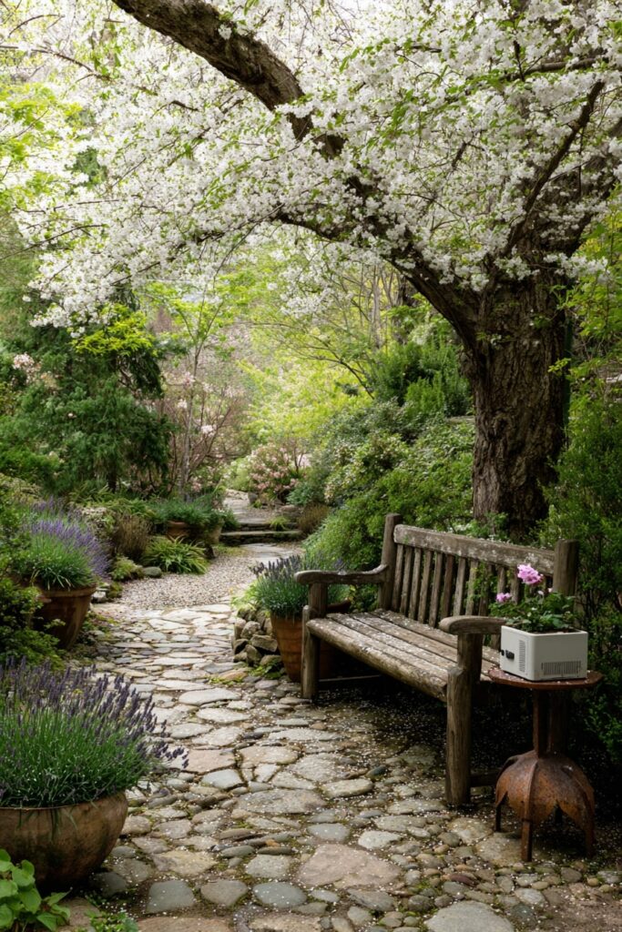 Flowering Garden Path with a Weathered Bench