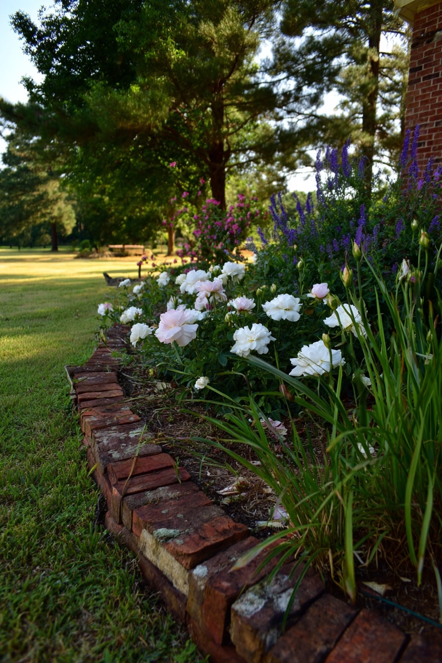 24) Curved Brick Edging with Colorful Petunias