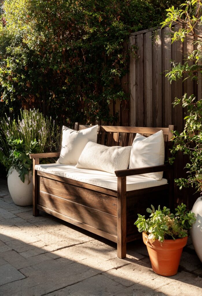 12. Wooden Bench with Cushions and Garden Backdrop