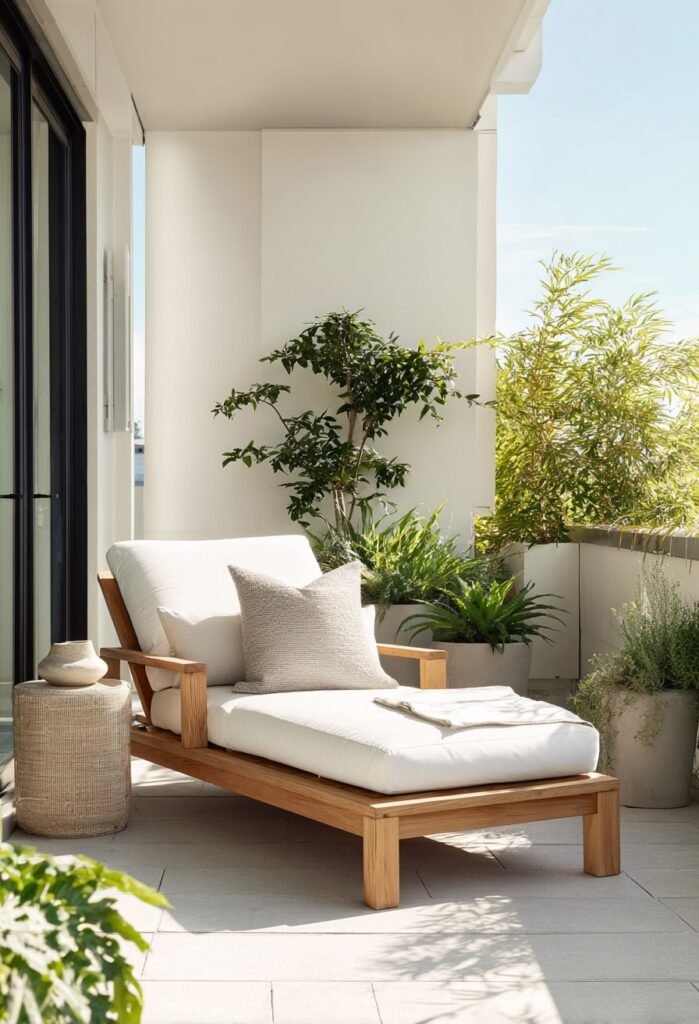 9. Japandi Balcony Lounger with Soft Green Surroundings