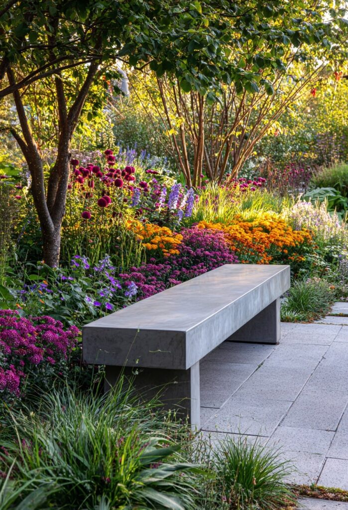 7. Sleek Concrete Bench Among Garden Blooms