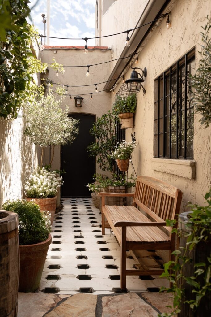 Mediterranean Courtyard Garden with a Simple Wooden Bench