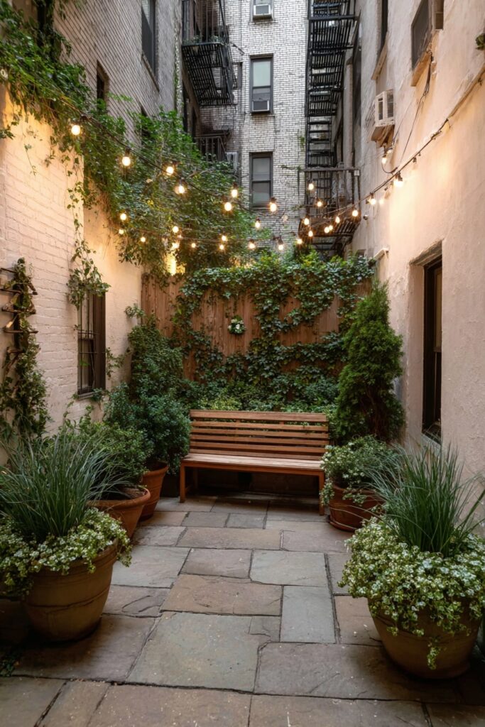 Cozy Courtyard Garden with a Wooden Bench