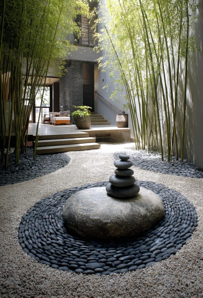 3. Minimal Zen Courtyard with Bamboo and Stone
