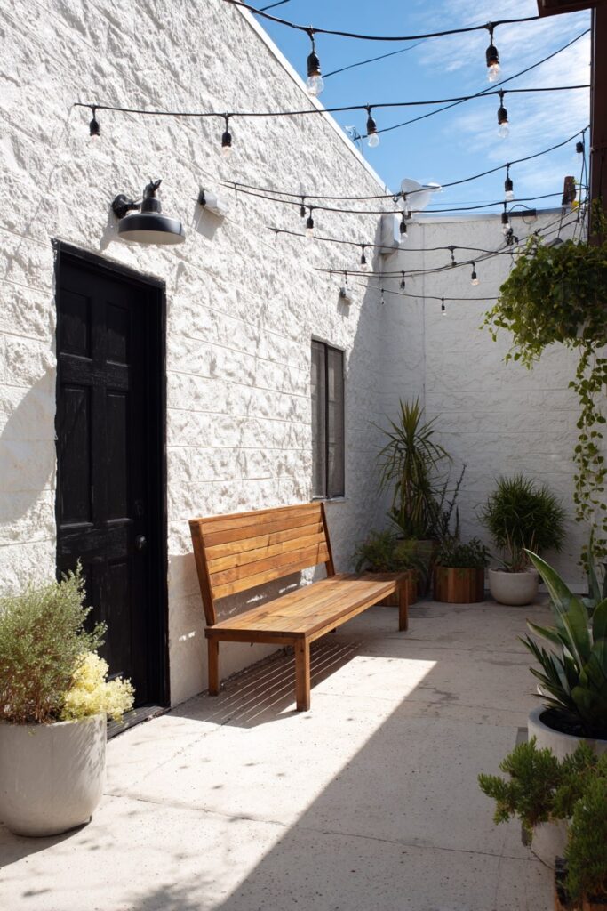 Simple Patio Garden with a Wooden Bench and String Lights