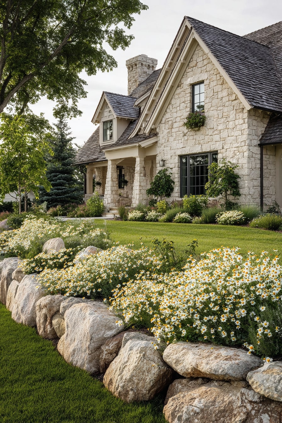 25) Vibrant Zinnia Border with Stone Edging