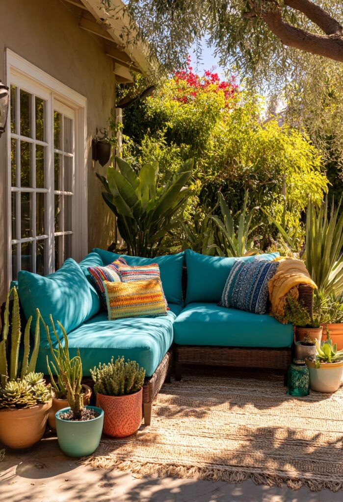 6. Teal Sectional with Tropical Vibes